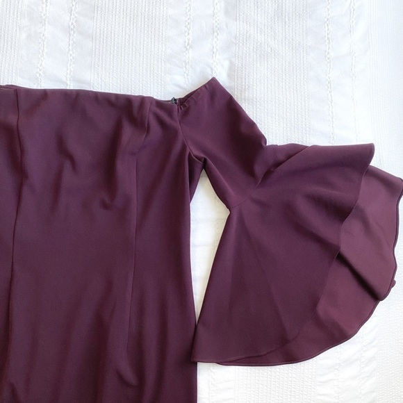 Calvin KLEIN PLUM OFF THE SHOULDER BELL FLUTTER SLEEVE MIDI SHEATH DRESS - 10 - Picture 7 of 10